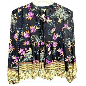 Floral Border Print Multicolor Tunic Top Lined EN CREME Sz M Boho Flowy NEW